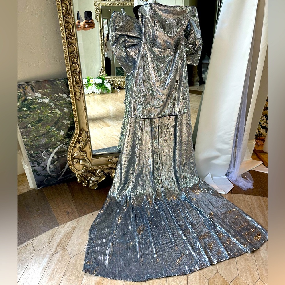 Silver Sequin Gown short with back bow train 
Novaluxe size Small